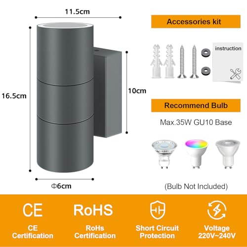 Image of Kerry Outdoor Wall Lights, IP65 Waterproof Up Down Outside Lighting Mains Powered with Push Connector, Anthracite Grey Stainless Steel Wall Sconce, External Wall Mount Lamp for Front Door (Bulb Excl.)