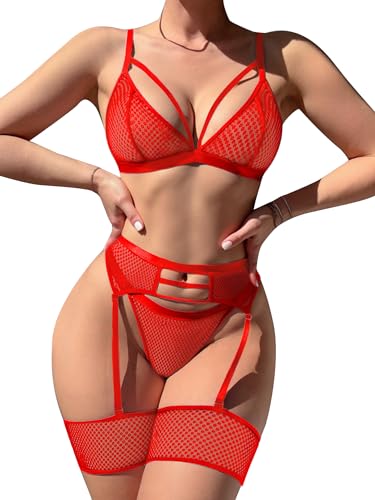 Image of popiv Women's Sexy Lingerie Set with Garter Belt Matching Bra and Panty Lingeries Sets 4 Piece