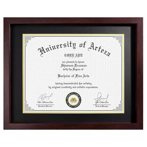 CORE ART 11x14 Diploma Frame Display Certificates 8.5 x 11 with Mat or 11 x 14 without Mat, College Degree Frame with Real Glass, Wall and Tabletop Display(Brown) Cover
