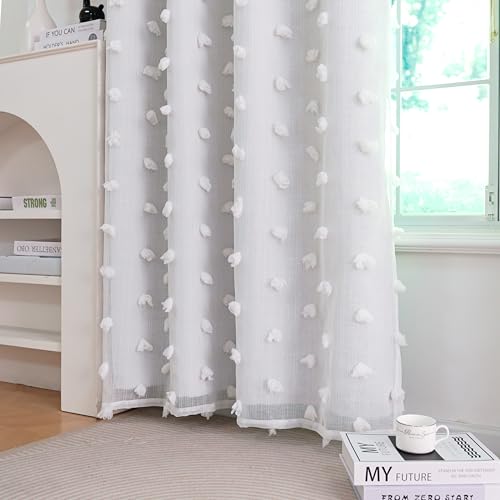 Image of Graylish White Pom Pom Curtains for Nursery Bedroom 52x54 Inch | Soft Boho Room Darkening Drapes, Grommet Privacy Double Layer Curtains for Living Room, Girls &Toddler room Decor, 2 Panels