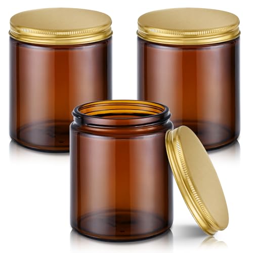 Tecohouse 8oz Amber Glass Jars with Gold Metal Lids, 3 Pack Candle Jars with Blank Labels, 250g Wide Mouth | Lotion Container for Sample, Cream, Lotion, Honey, Powder, Jelly | Home & Beauty