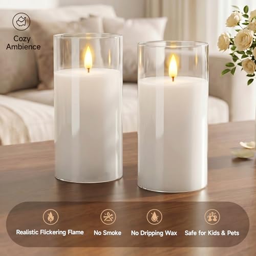 Image of Homemory Clear Glass Flameless Candles Battery Operated LED Pillar Candles with Remote and Timer, Real Wax Flickering Candles with 3D Wick, Decorative Glass Candles Home Wedding Holiday Decor, 2 Pack