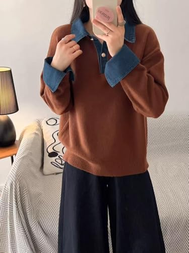 Apvirdy Women's Oversized Sweater Long Sleeve Denim Panel Collared V Neck Pullover Knit Tunic Sweaters Tops2