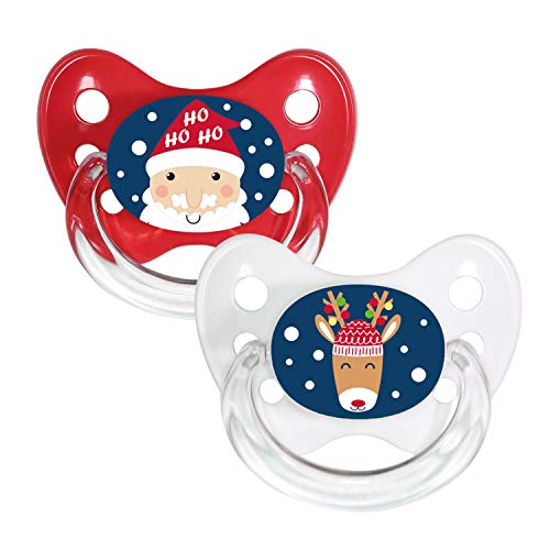 dentistar Juego de 2 chupetes de silicona – Talla 1, 0-6 meses – Chupete ortodóntico que cuida los dientes, con desnivel dental – Sin BPA - Reno y Papá Noel dentistar Juego de 2 chupetes de silicona – Talla 1, 0-6 meses – Chupete ortodóntico que cuida los dientes, con desnivel dental – Sin BPA - Reno y Papá Noel