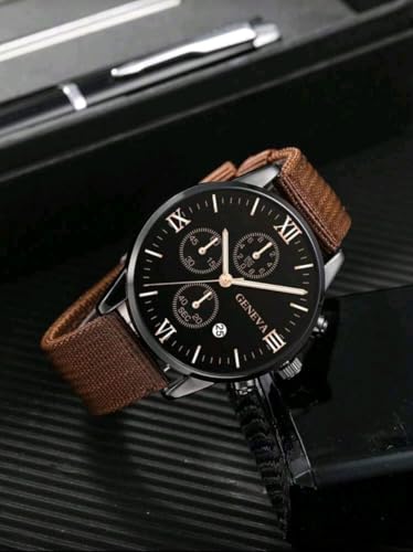 Set Men's Watch Calendar Casual Sports Fashion Industrial Style Round Dial Quartz Watch And Leather Bracelet For Men (Brown)