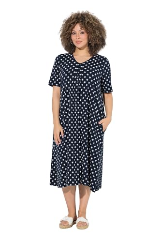 Ulla Popken Damen große Größen Übergrößen Plus Size Midikleid Sterne V-Ausschnitt Halbarm Taschen Marine 50+ 850351130-50+