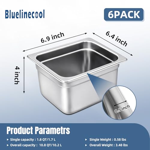 Bluelinecool 6 Pack 1/6 Size Steam Table Pans, 4” Deep Anti-Jam Stainless Steel Hotel Pans, Food Prep Pans for Restaurant, Buffet, Catering, Hotel, Dishwasher Safe - Thumbnail 2