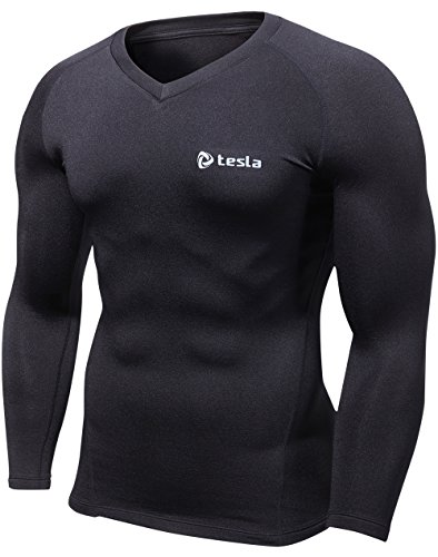 CLSL TM-V34-BB_Medium Tesla Men's Thermal Fleece ColdgearCompression Baselayer V Neck Long Sleeve Coldgear T Shirts V34