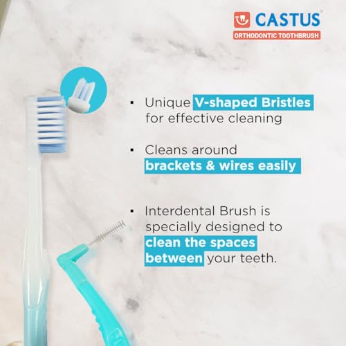 Image of Castus Orthodontic Combi Pack (Orthodontic Brush + Interdental Brush) | Pack of 2 (1 Blue + 1 Orange)