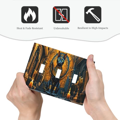 Decorative Switch Covers Plate Egyptian Black Cat Vintage Gold Decorated 3 Gang Wall Plate Oversized Triple Toggle Light Switch Plate Jumbo Faceplate for Bedroom Home Decor