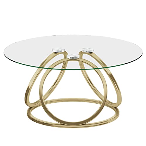 O&K Furniture Gold Coffee Table, Modern Round Glass Coffee Table For Living Room With Ring-Shaped Frames, Gold Glass Table For Home&Office,Gold Finish, 1Pc #TOP7