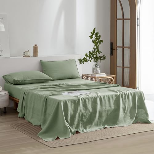 EVERLY Linen Sheets Set King Size,100% French Stonewash Pure Linen Sheets Set,4Pieces (1Flat Sheet,1Fitted Sheet,2Pillowcase) Suitable for Hot Sleepers,Deep Pocket Natural Bedding Set-Saga Green-King