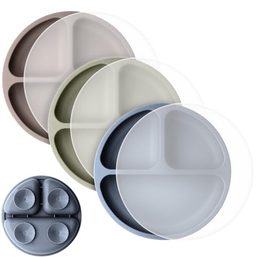 Image of Cutebe 3 Pack Toddler Plates with Lids Baby Plates with Soft Material Silicone Suction Plates for Baby with Divided Design & Raised Edges Suction Plates for Feeding