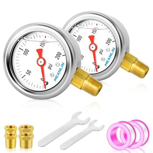 MEANLIN MEASURE 2pcs 0~200Psi Stainless Steel Liquid Filled, 1/8" NPT 1.5" Glycerin Filled Pressure Gauge, Water Oil Air, Lower Mount, with 1/4" NPT and 3/8" NPT Hex Bushing