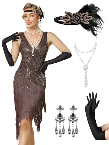 RRYIO Women’s Flapper Dresses Set 1920s V Neck Beaded Fringed Great Gatsby Dress with Accessories Set (Brown, L)
