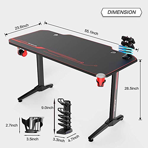 VANSPACE 55 Inch Gaming Desk with Free Mouse Pad, Ergonomic T-Shaped Office Desk PC Computer Desk, Gamer Tables Pro Workstation with USB Gaming Handle Rack, Stand Cup Holder