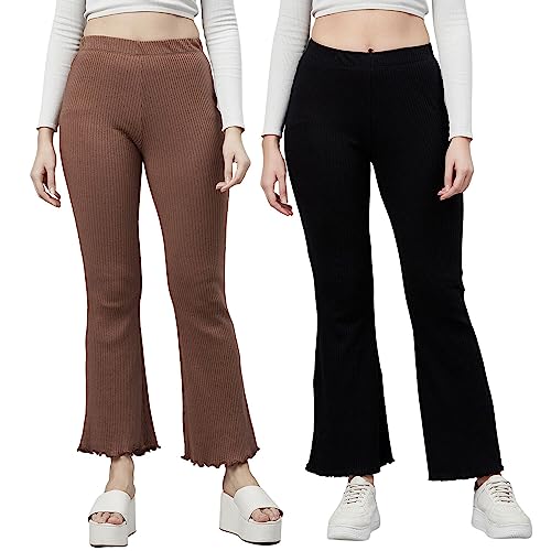 Image of BLINKIN Women's Stretch Fit Mid Rise Ribbed Stretchable Flared Pants | Boot Cut Bell Bottom Pants - Ideal for Yoga & Gym Wear,Casual Wear & Office Wear Trousers