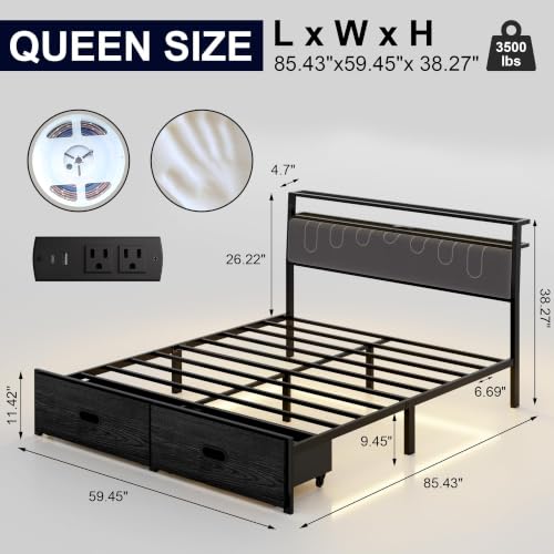 Image of Queen Bed Frame with 2 Drawers, Platform Bed Frame with LED Lights and Charging Station, Upholstered Headboard, Heavy Duty Metal Slats, No Box Spring Needed, Noise Free, Easy Assembly