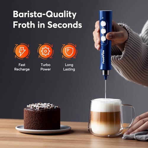 FoodVille MF02 Rechargeable Milk Frother Handheld Foam Maker with Stainless Whisk for Cappuccino, Latte, Bulletproof Coffee, Keto Diet, Protein Powder, Matcha (Classic Blue)