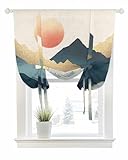Tie Up Curtains for Windows Abstract Sun Mountain Rod Pocket Tie-Up Window Shade Adjustable Balloon Curtain Valance Gold Green Misty Forest Scenery Art for Bedroom Kitchen Bathroom Blinds, 34x45in