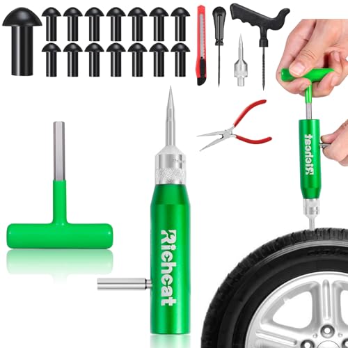 Richcat Tubeless Tire Puncture Repair Kit with Mushroom Plug, Repairs punctures and Flat Tires for Motorcycles, Cars, Trucks, ATVs and Tractors
