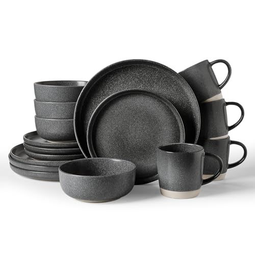 Image of Famiware Milkyway Stoneware Dinnerware Sets with Mugs, Service for 4 (16 Pieces), Reactive Glaze Plates and Bowls Sets, Microwave and Dishwasher Safe Dishes Set, Matte Dark Charcoal