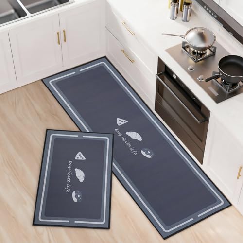 OPLERT Juego de 2 alfombras y tapetes para Cocina, Antideslizantes, Lavables, absorbentes, para Cocina, lavandería y pasillos,Gris,40x60+40x120cm