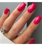 Gel Nail Polish Press on Nails Short, Handmade Hot Pink Fake Nails Medium Square Shape UV Jelly F...