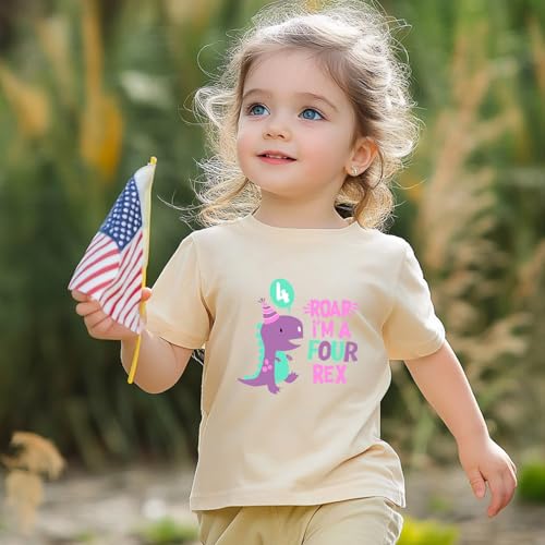 Image of 4th Birthday Girl Shirt Dinosaur Themed Toddler Birthday Party Outfit Clothes Toddler B-Day Fourth Shirt 4T