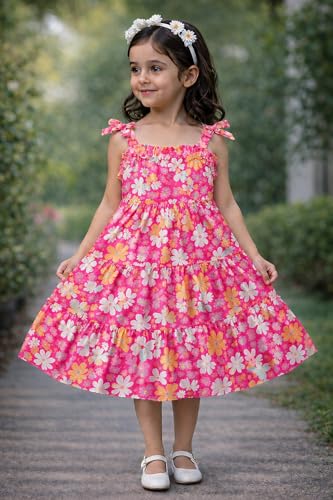 Image of Buy & Try Girls Printed Georgette Frock, Sleeveless Summer Dress, Lightweight Knee Length Baby Girl Dress, Casual Outfit, Soft Comfortable Fabric, Stylish Kids Wear
