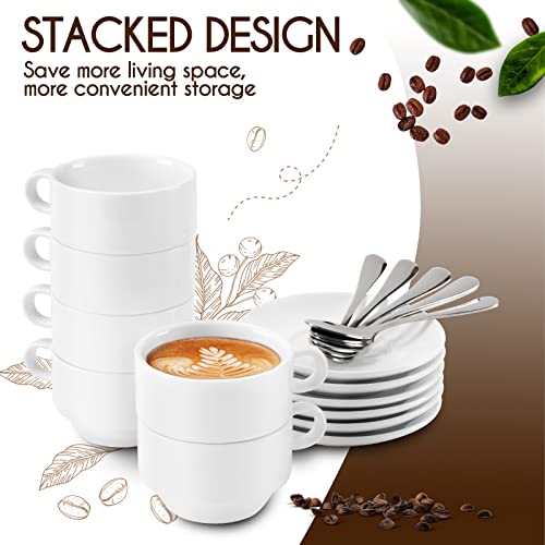 Porcelain Espresso Cups With Saucers And Spoons Set Of 6, Deecoo 2.5 Oz Coffee Cup And Saucer Set, Stackable Espresso Mugs, Small Demitasse Cup With Handle, Tiny Coffee Mugs Set #TOP4