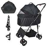 M.N.Y.K. 【獣医師監修】 ペットカート ペットバギー 分離型 取り外し可能 折りたたみ式 組み立て簡単 軽量 耐荷重20㎏ 多頭小型犬&猫 カップホルダー (ブラック)