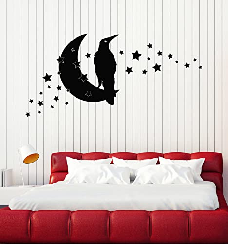 Vinyl Wall Decal Silhouette Crow Raven Moon Crescent Stars Night Stickers Mural Large Decor (G7404) Black #TOP24