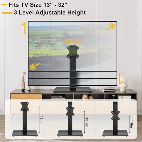 Image of WKWKER Universal TV Stand for 13-32inch LED LCD Table Top Television Stand with 45 Degree Height Adjustable Swivel TV Stand Mount with Tempered Glass Base Max VESA 100x100mm