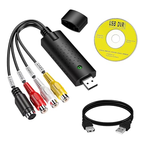Bgfaquri Capturadora de Video y Audio USB Convertidor, USB 2.0 Convertidor de VHS a Digital Tarjeta Captura Audio Video para Digitalizar VHS VCR DVD Videocámara a PC Windows Grabador AV USB PAL NTSC
