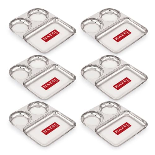 Image of HAZEL 3 Section Plate Stainless Steel Bhojan Thali Set of 6 for Idli Sambar