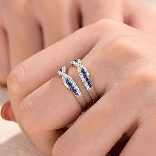 Pretty Jewels08 2Ct Round Cut Lab Created Blue Sapphire Twisted Wrap Enhancer Guard Engagement Ring, 14k White Gold Finish