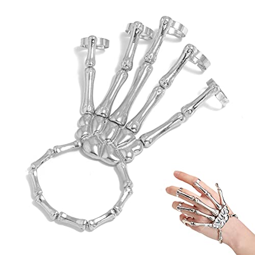 1Stück Schädel Skelett Hand Armband Metall Skelett Hand Armreif Armband Knochenform Armband mit Fingerring Passend für Halloween-Accessoires für Männer und Frauen Cover