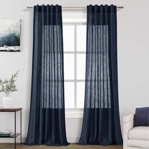 Image of Navy Blue Linen Blend Drapes 84 Inch Length 2 Panels Set Back Tab Rod Pocket Light Filtering Semi Sheer Textured Indigo Blue Curtains Boho Farmhouse Decor Curtains for Living Room Bedroom 40x84