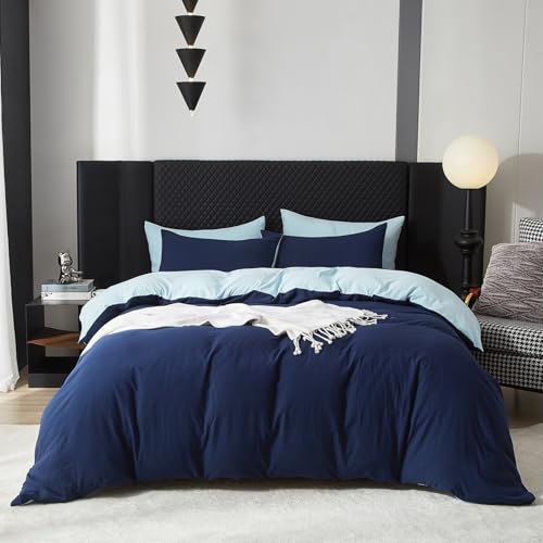 Gezu Ropa de cama de algodón de 220 x 200 cm, color azul claro liso, 3 piezas, diseño liso liso liso para cama de matrimonio, ropa de cama reversible de 200 x 220 cm y 2 fundas de almohada de 80 x 80