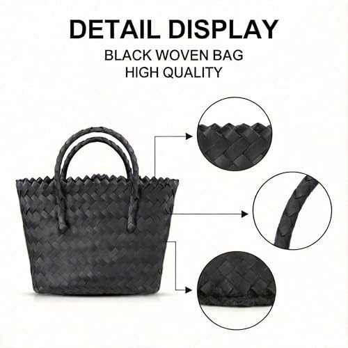 Bolso tote de paja, bolso grande para la playa, bolso tipo cesta bohemio cuadrado con asas de bambú (negro) miniatura 5