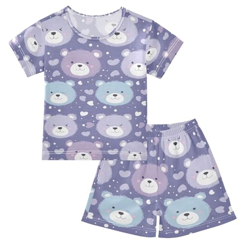ALAZA Lovely Cartoon Bear Heart Animal Pajamas Set Short Sleeve Cotton Sleepwear Summer Pjs 2 Piece 5-14Y