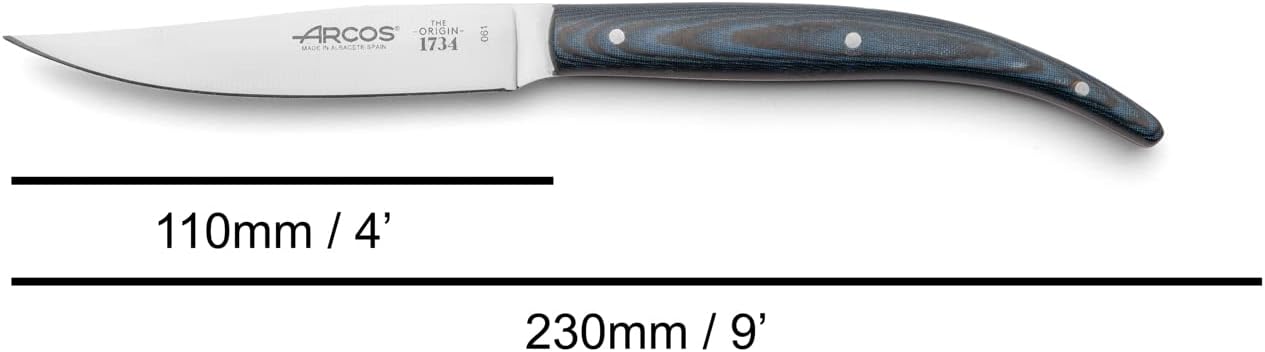Arcos Steak Knife in Nitrum Stainless Steel. 4 Inch Non Serrated Steak and Meat Knife. Phelonic Blue Handle. The Origin Series