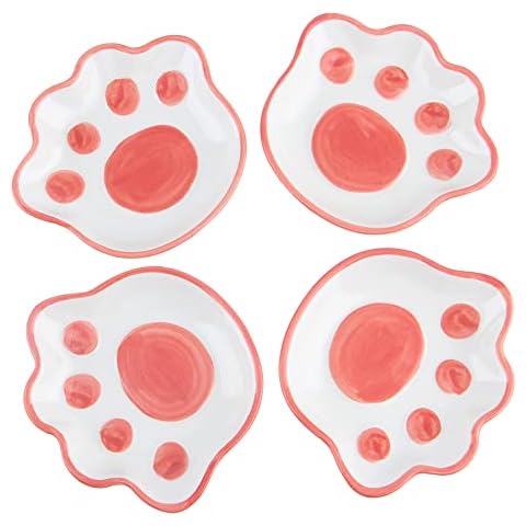 Cat Paw Ceramic Dipping Sauce Dishes Mini Cute Seasoning Dish, Sushi Soy Dipping Bowl,Serving Saucers Dishes,Meow Porcelain Small Tea Bag Holder Set of 4 Cover