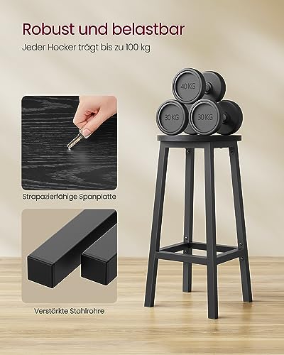 VASAGLE Barhocker, 2er Set, Barstühle, Küchenstühle mit Metallgestell, einfache Montage, 65 cm hoch, mit Fußstütze, für Küche, Wohnzimmer, Esszimmer, ebenholzschwarz-schwarz LBC032B56