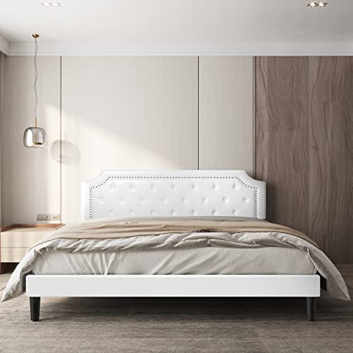 Bonsoir Queen Size Bed Frame Upholstered Low Profile Platform Bed With Tufted Faux Leather Headboard/No Box Spring Needed/No Bed Skirt Needed/White Faux Leather #TOP3