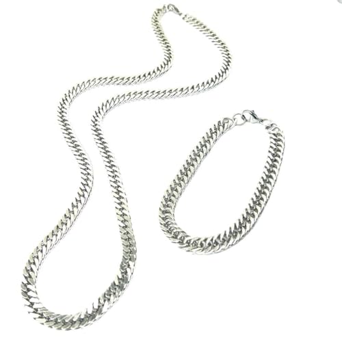 Conjunto Cordão Corrente e Pulseira 60cm Aço Inox Masculino Grossa Prateado Elo Duplo