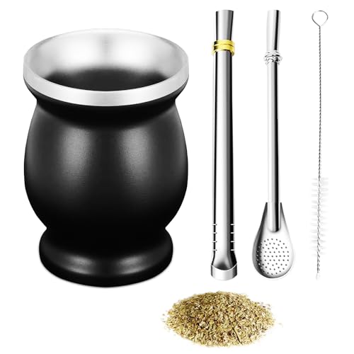 ABM&Y Yerba Mate Cup Set, Yerba Mate Gourd with 2 Bombilla, Tea Cup Set 8 Ounces Cleaning Brush - Stainless Steel - Double Walled Durable, Easy to Clean (Black)