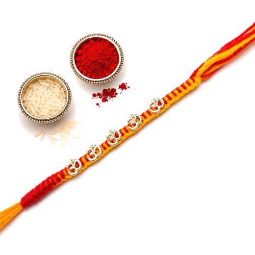Image of Designer Rakhi with Crystal Embellishments, Gold Tone Beads, Red and Yellow Thread, Raksha Bandhan Gift
