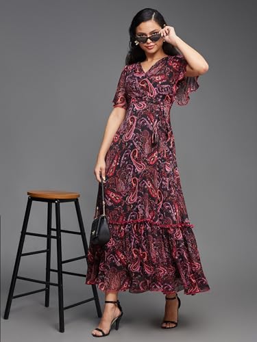 Image of Miss Chase Women's Multicolored-Base-Brown Relaxed Fit Maxi Lurex Chiffon Dress